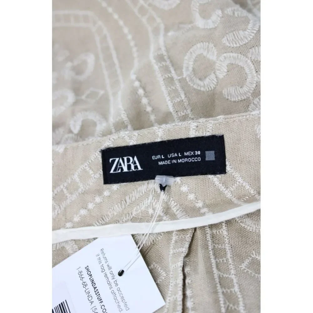 Zara Womens Cropped Geometric Linen Blend Zip Pants Beige Size L
